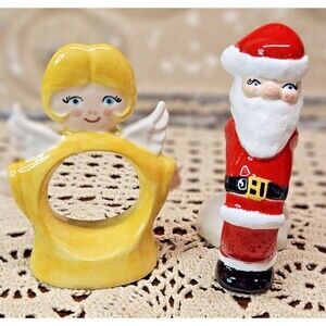1970s Signed Ceramic Hand Painted Figural Angel & Santa Napkin Holder Rings
